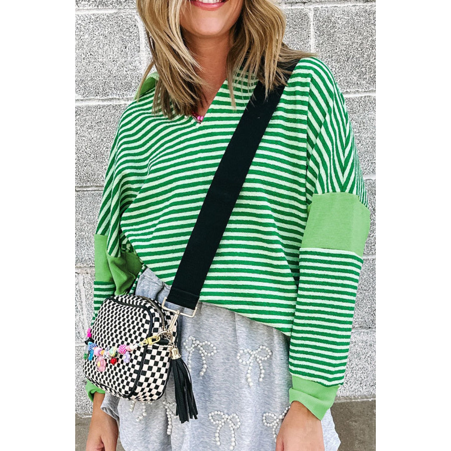 Stripe Johnny Collar Long Sleeve Top Green / S Apparel and Accessories