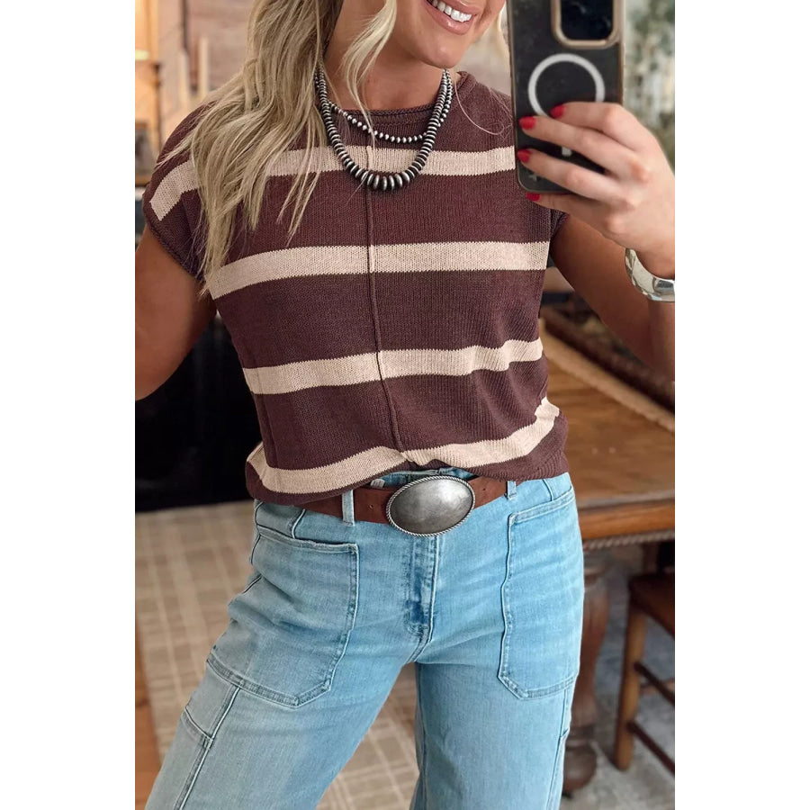 Stripe Knit Western Short Sleeve Sweater Apparel and Accessories