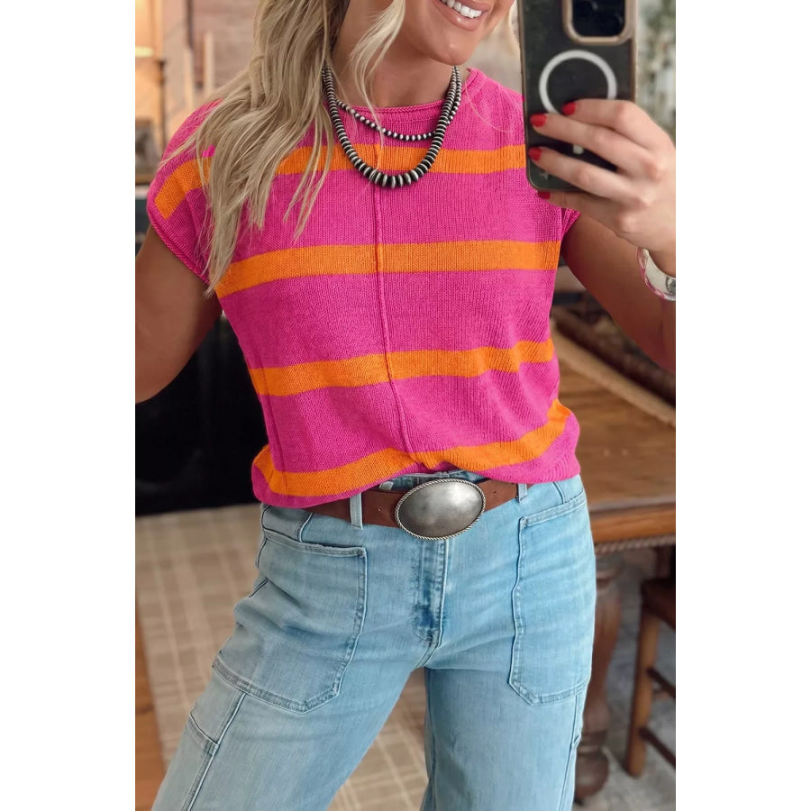 Stripe Knit Western Short Sleeve Sweater Apparel and Accessories