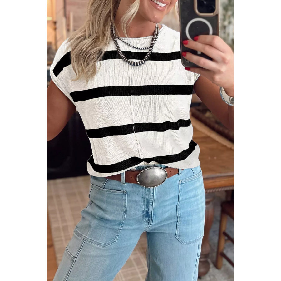 Stripe Knit Western Short Sleeve Sweater Apparel and Accessories