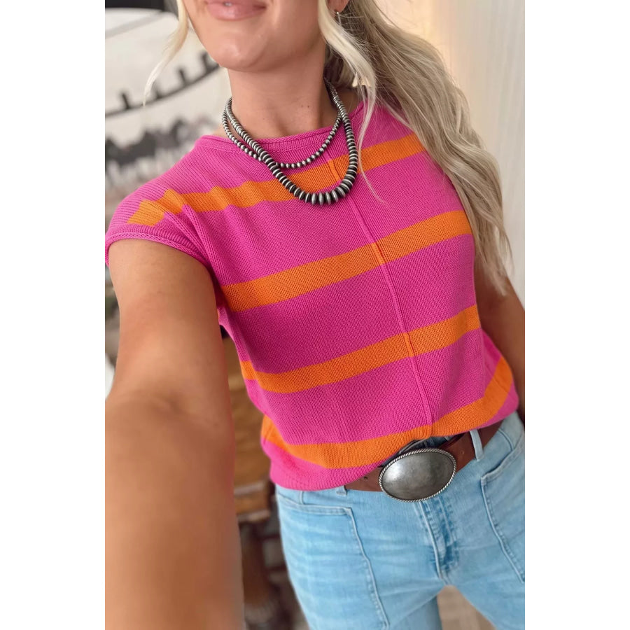 Stripe Knit Western Short Sleeve Sweater Apparel and Accessories