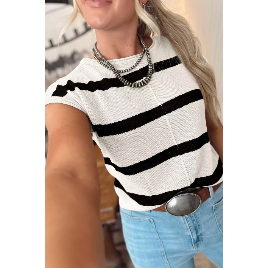 Stripe Knit Western Short Sleeve Sweater Apparel and Accessories