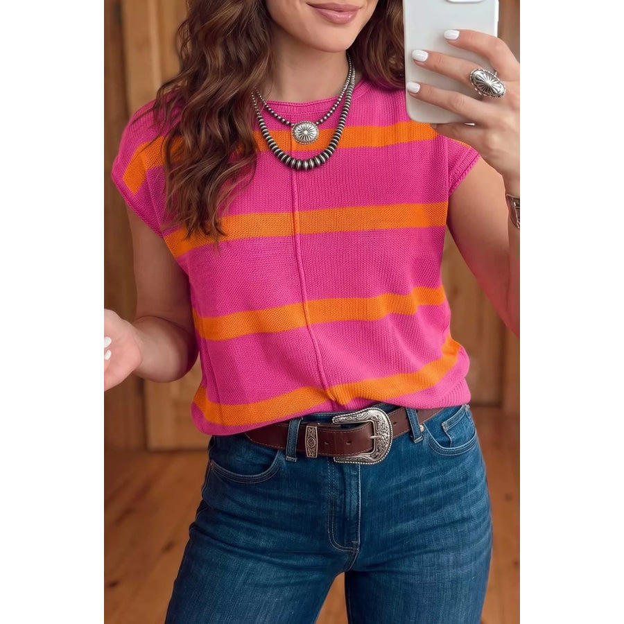 Stripe Knit Western Short Sleeve Sweater Hot Pink / S Apparel and Accessories
