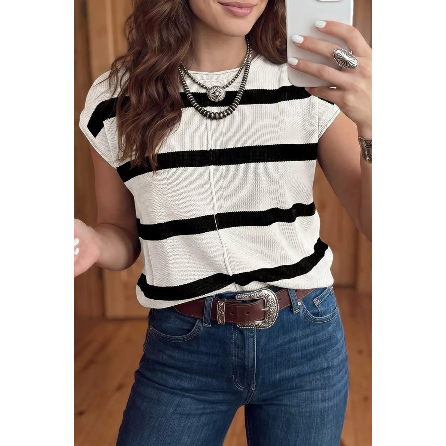 Stripe Knit Western Short Sleeve Sweater White / S Apparel and Accessories