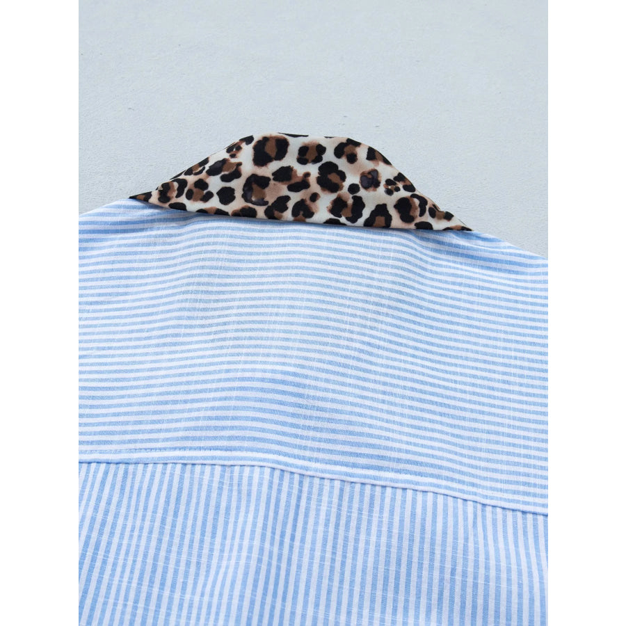 Stripe Leopard Contrast Collar Short Sleeve Shirt Apparel and Accessories
