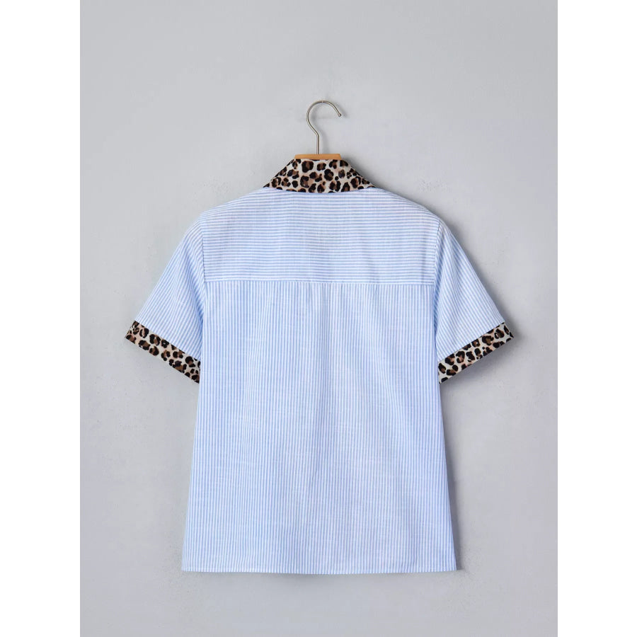 Stripe Leopard Contrast Collar Short Sleeve Shirt Apparel and Accessories
