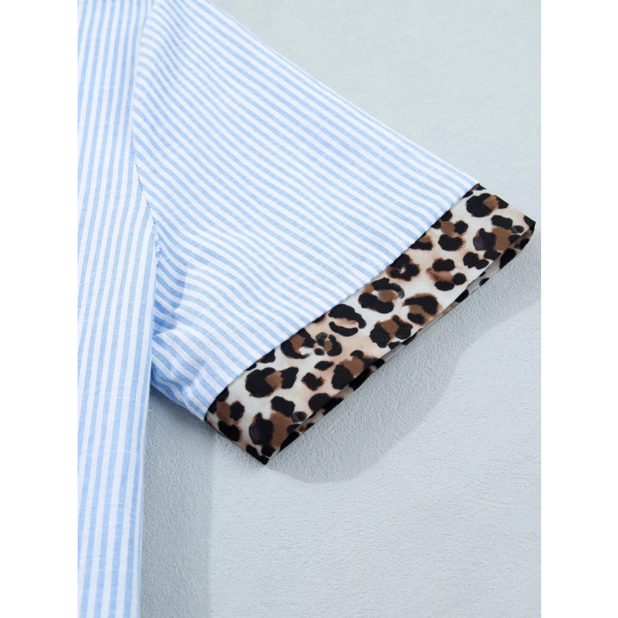 Stripe Leopard Contrast Collar Short Sleeve Shirt Apparel and Accessories