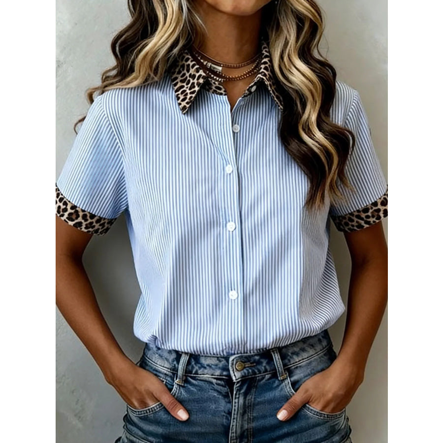 Stripe Leopard Contrast Collar Short Sleeve Shirt Light Blue / S Apparel and Accessories