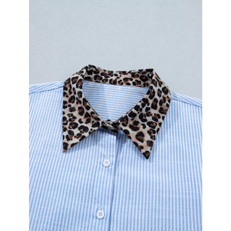 Stripe Leopard Contrast Collar Short Sleeve Shirt Apparel and Accessories