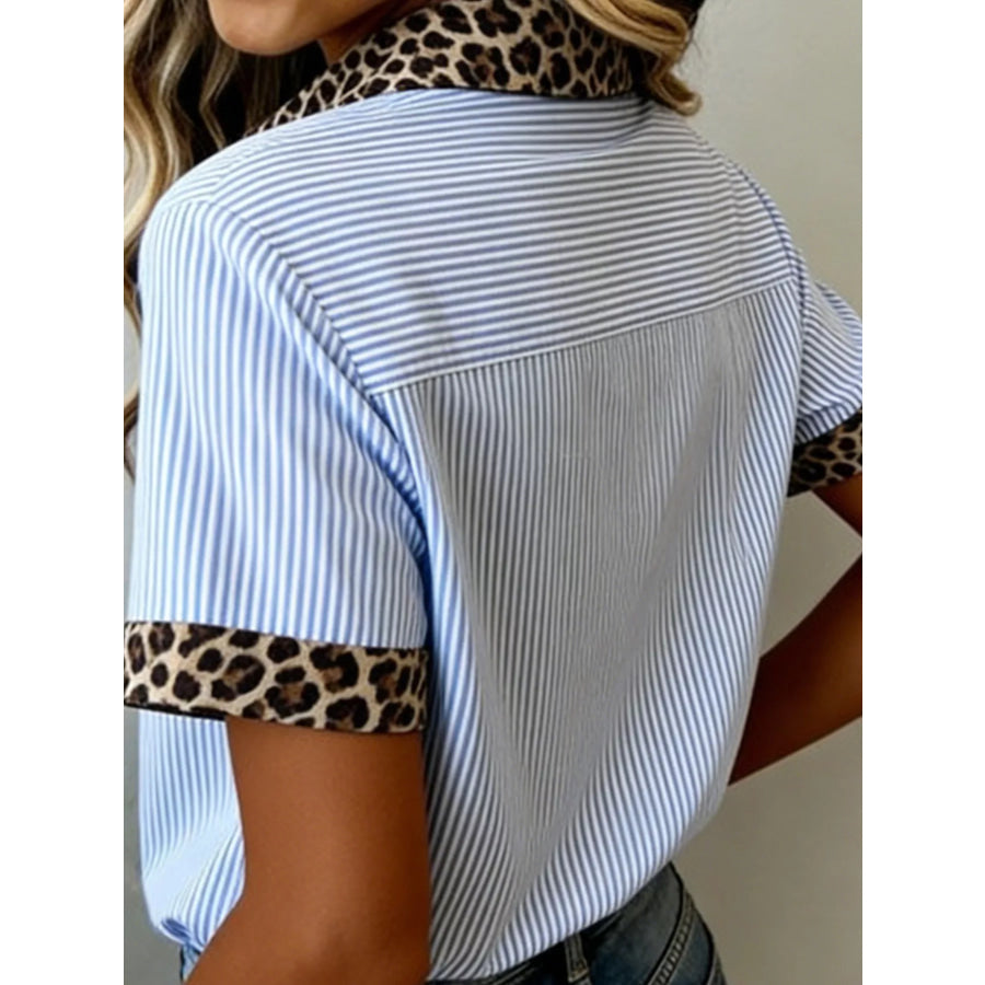 Stripe Leopard Contrast Collar Short Sleeve Shirt Apparel and Accessories