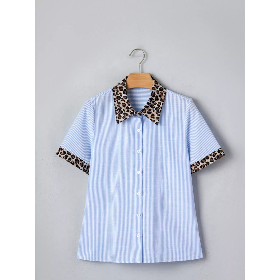 Stripe Leopard Contrast Collar Short Sleeve Shirt Apparel and Accessories