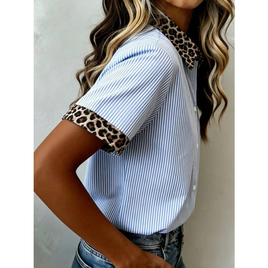 Stripe Leopard Contrast Collar Short Sleeve Shirt Apparel and Accessories