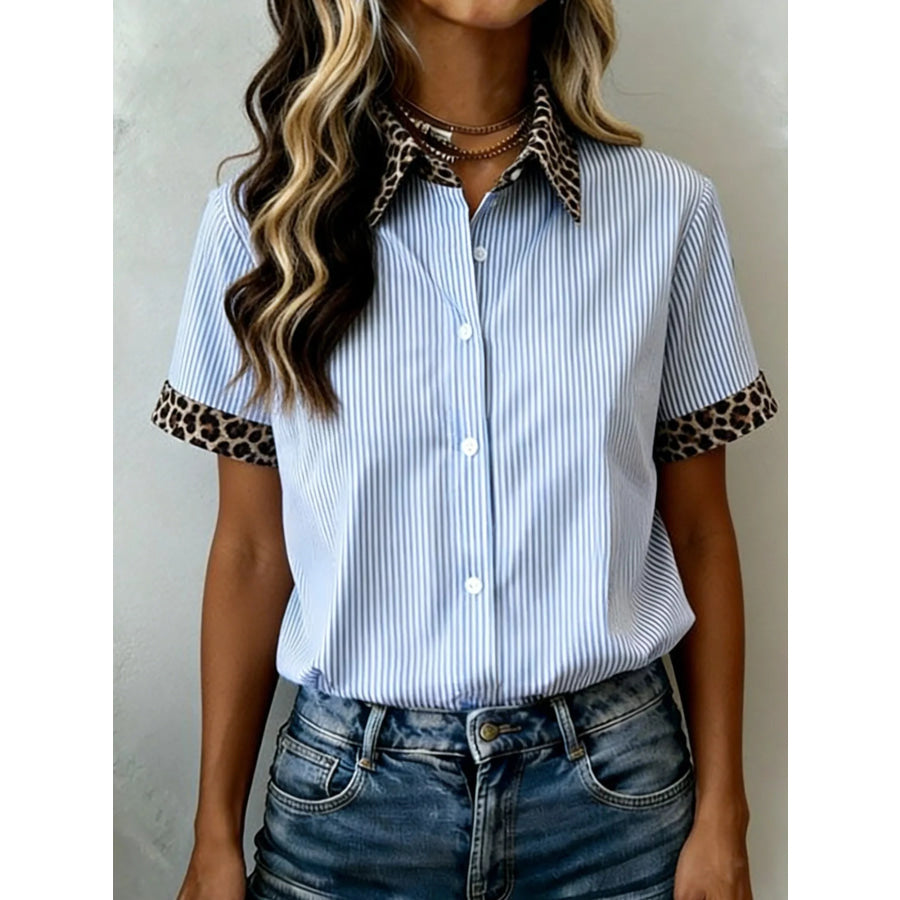 Stripe Leopard Contrast Collar Short Sleeve Shirt Light Blue / S Apparel and Accessories