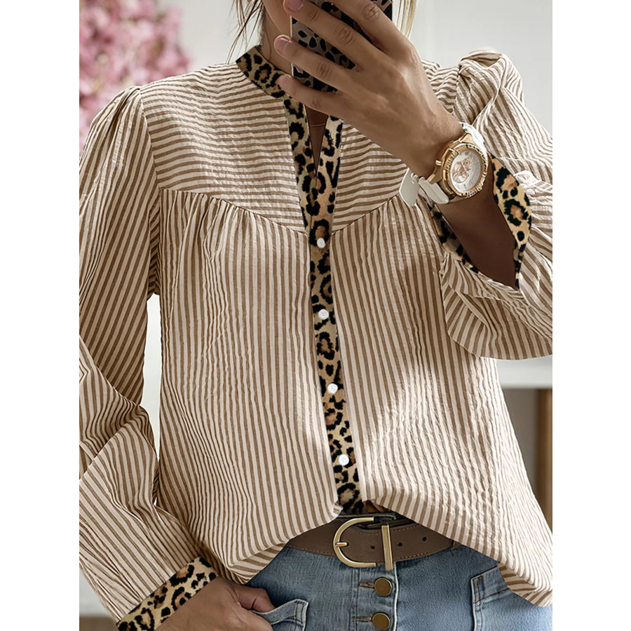Stripe Leopard Patchwork Long Sleeve Shirt Apparel and Accessories