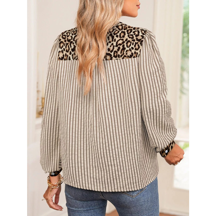 Stripe Leopard Patchwork Long Sleeve Shirt Apparel and Accessories