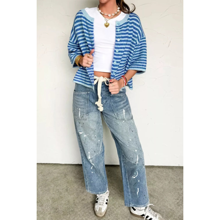 Stripe Loose Half Sleeve Knit Button Down Sweater Cardigan Apparel and Accessories