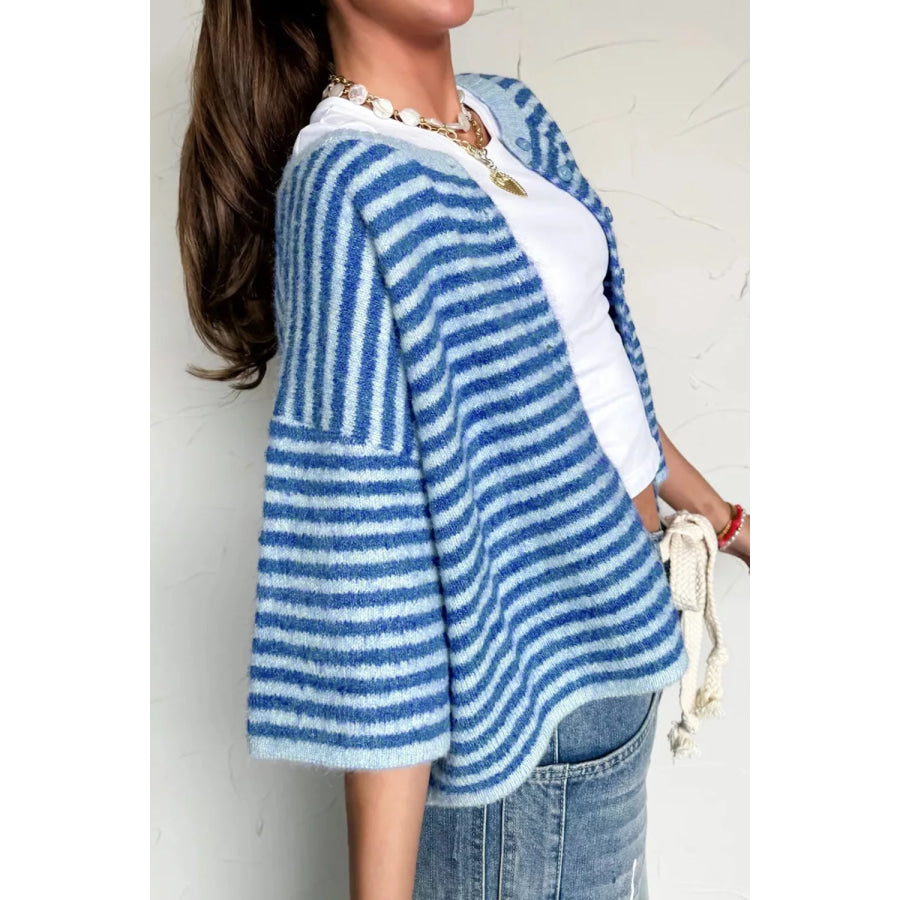 Stripe Loose Half Sleeve Knit Button Down Sweater Cardigan Dusty Blue / S Apparel and Accessories