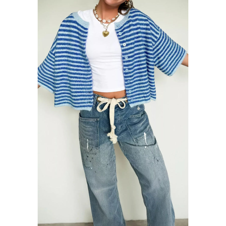 Stripe Loose Half Sleeve Knit Button Down Sweater Cardigan Dusty Blue / S Apparel and Accessories
