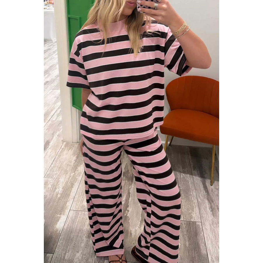 Stripe Loose Tee and Pants Two Piece Set Pink / S Apparel Accessories