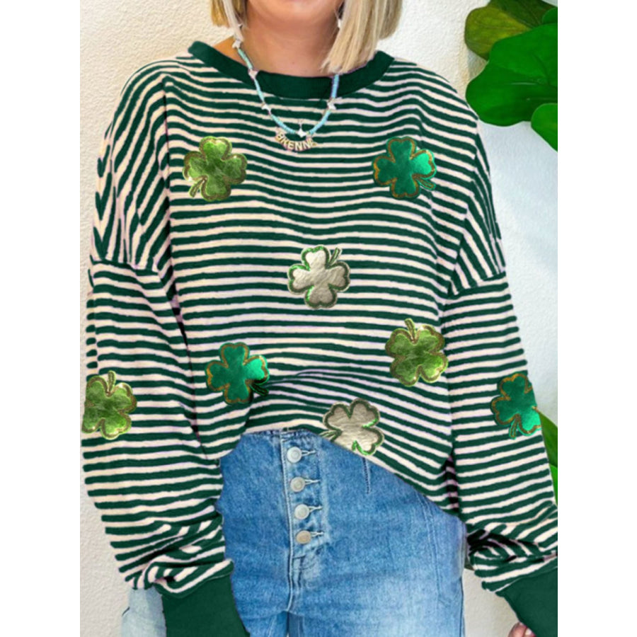 Stripe Lucky Clover Drop Shoulder Sweatshirt Dark Green / S Apparel and Accessories