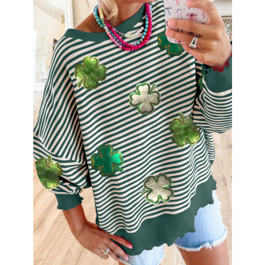 Stripe Lucky Clover Drop Shoulder Sweatshirt Dark Green / S Apparel and Accessories