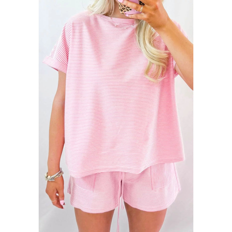Stripe Matching Oversized Tee and Drawstring Shorts Set Apparel and Accessories