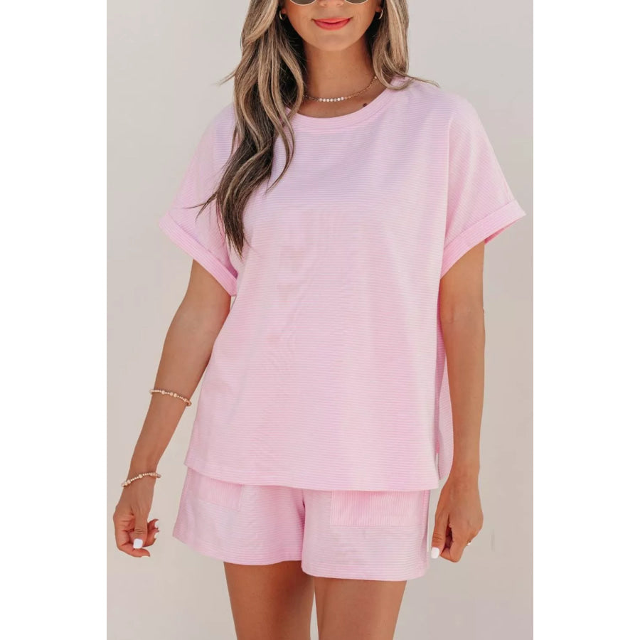 Stripe Matching Oversized Tee and Drawstring Shorts Set Apparel and Accessories