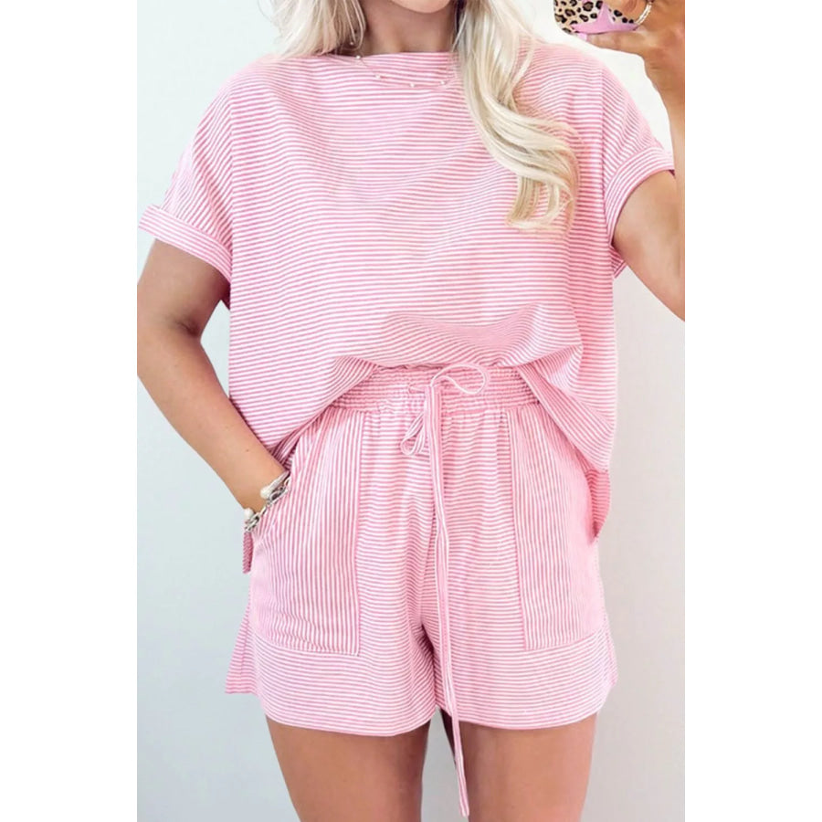 Stripe Matching Oversized Tee and Drawstring Shorts Set Apparel and Accessories