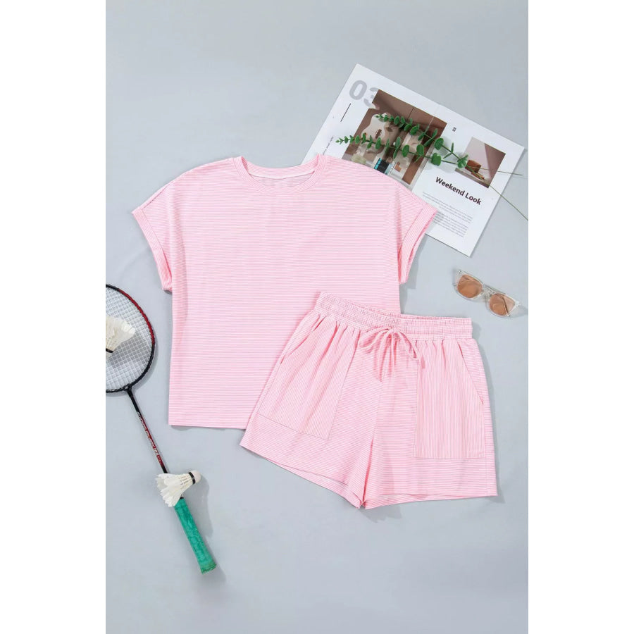 Stripe Matching Oversized Tee and Drawstring Shorts Set Apparel and Accessories