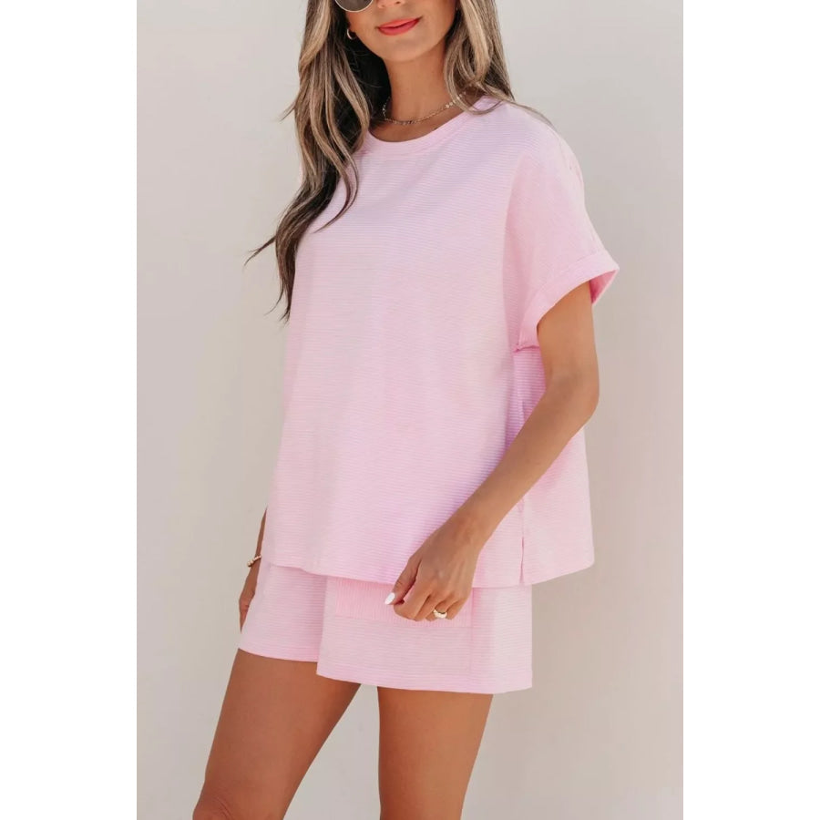 Stripe Matching Oversized Tee and Drawstring Shorts Set Apparel and Accessories