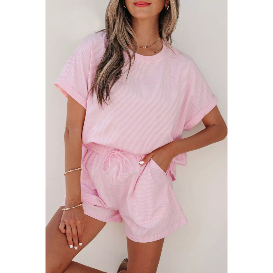 Stripe Matching Oversized Tee and Drawstring Shorts Set Apparel and Accessories