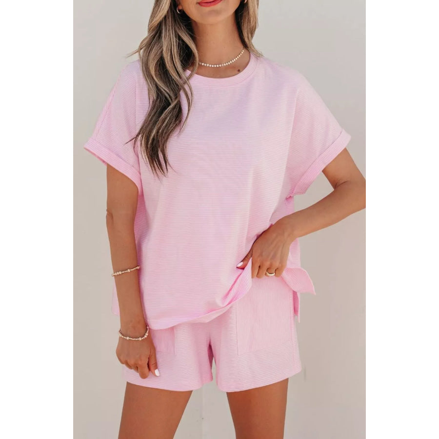 Stripe Matching Oversized Tee and Drawstring Shorts Set Blush Pink / S Apparel and Accessories