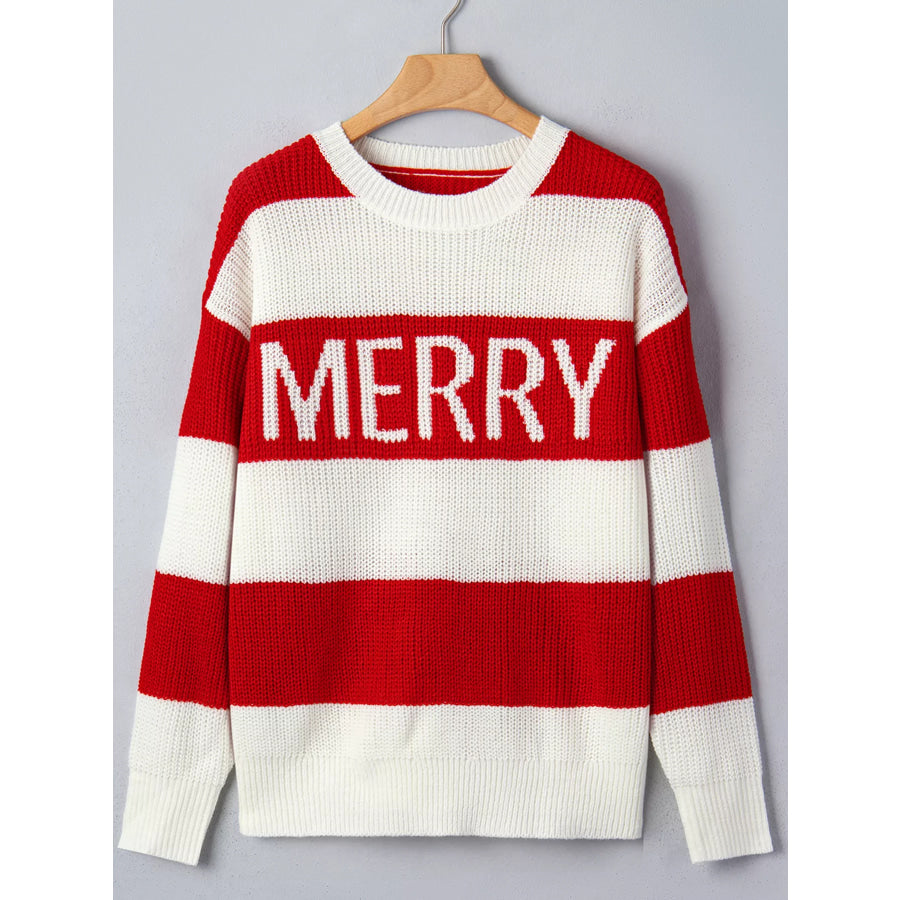 Stripe MERRY Drop Shoulder Long Sleeve Christmas Sweater Apparel and Accessories