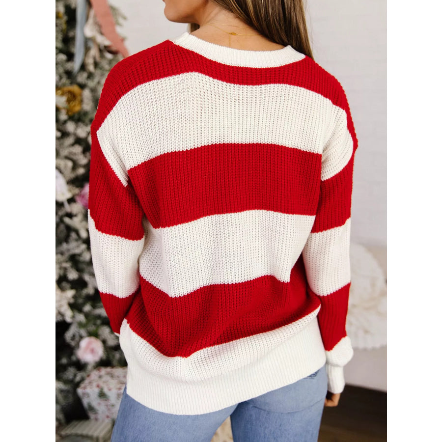 Stripe MERRY Drop Shoulder Long Sleeve Christmas Sweater Apparel and Accessories