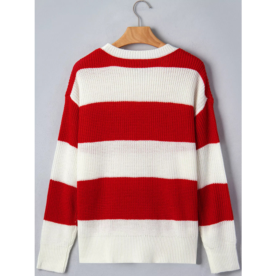 Stripe MERRY Drop Shoulder Long Sleeve Christmas Sweater Apparel and Accessories