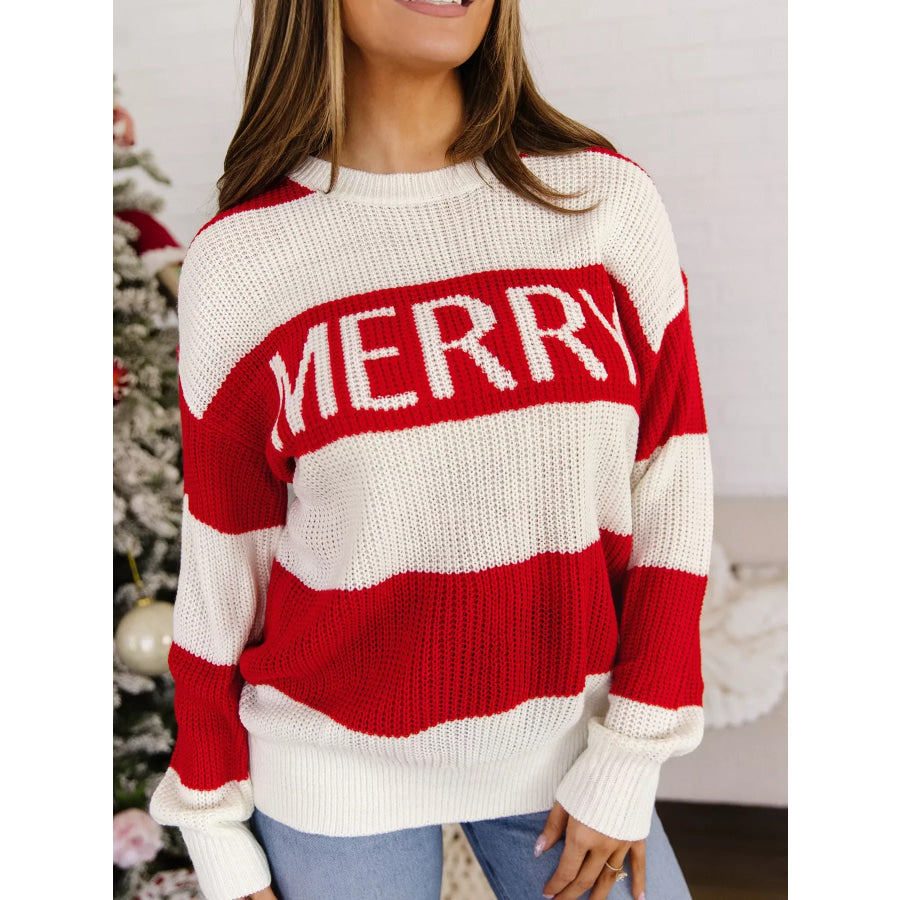 Stripe MERRY Drop Shoulder Long Sleeve Christmas Sweater Apparel and Accessories
