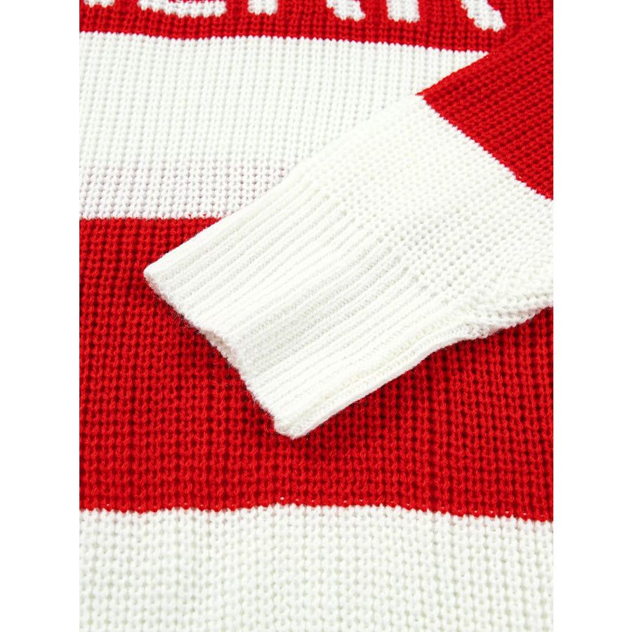 Stripe MERRY Drop Shoulder Long Sleeve Christmas Sweater Apparel and Accessories