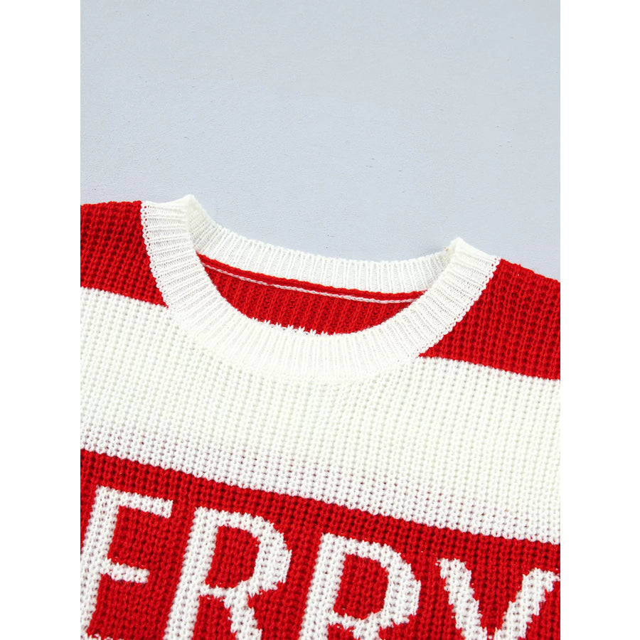 Stripe MERRY Drop Shoulder Long Sleeve Christmas Sweater Apparel and Accessories