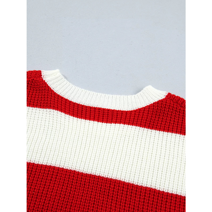 Stripe MERRY Drop Shoulder Long Sleeve Christmas Sweater Apparel and Accessories