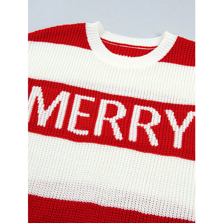 Stripe MERRY Drop Shoulder Long Sleeve Christmas Sweater Apparel and Accessories