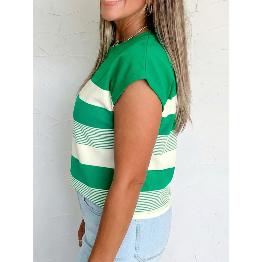 Stripe Mixed Print Crew Neck Cap Sleeve T Shirt Apparel and Accessories