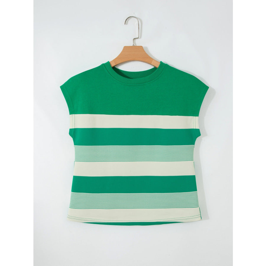 Stripe Mixed Print Crew Neck Cap Sleeve T Shirt Apparel and Accessories