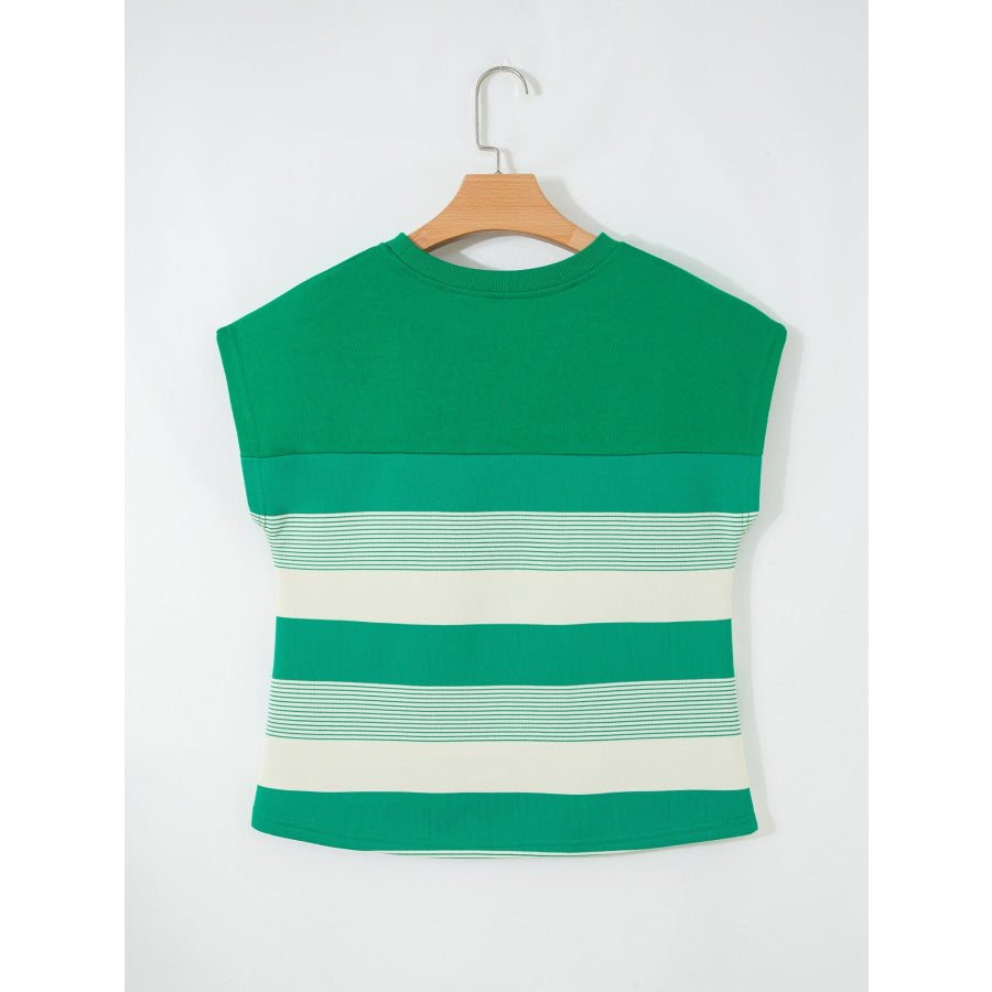 Stripe Mixed Print Crew Neck Cap Sleeve T Shirt Apparel and Accessories