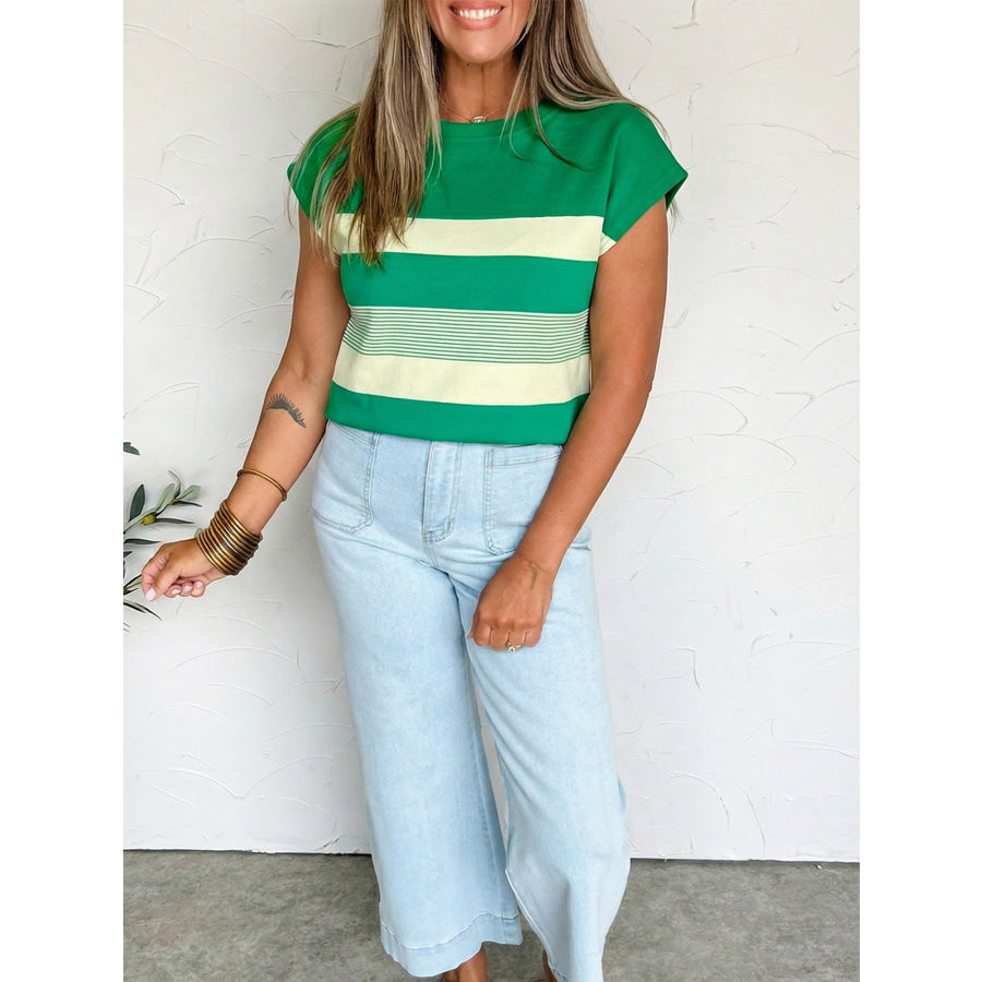 Stripe Mixed Print Crew Neck Cap Sleeve T Shirt Apparel and Accessories