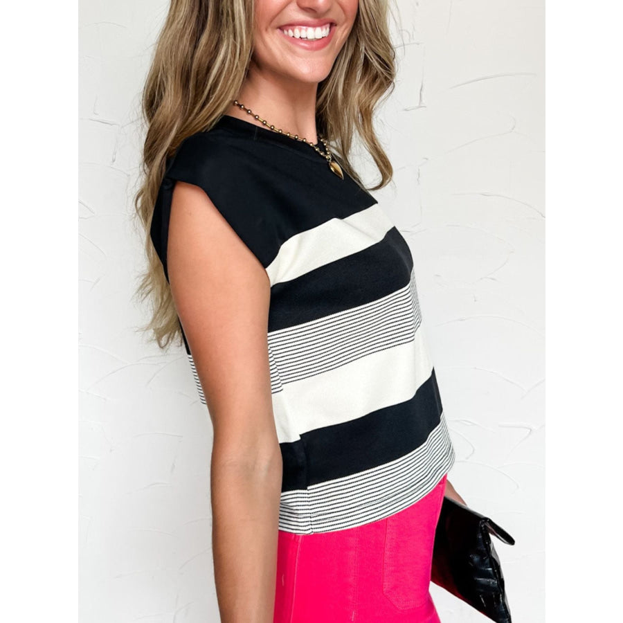 Stripe Mixed Print Crew Neck Cap Sleeve T Shirt Apparel and Accessories