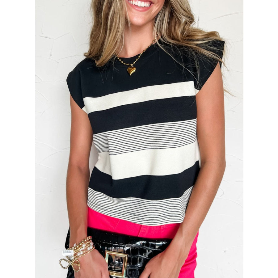 Stripe Mixed Print Crew Neck Cap Sleeve T Shirt Black / S Apparel and Accessories