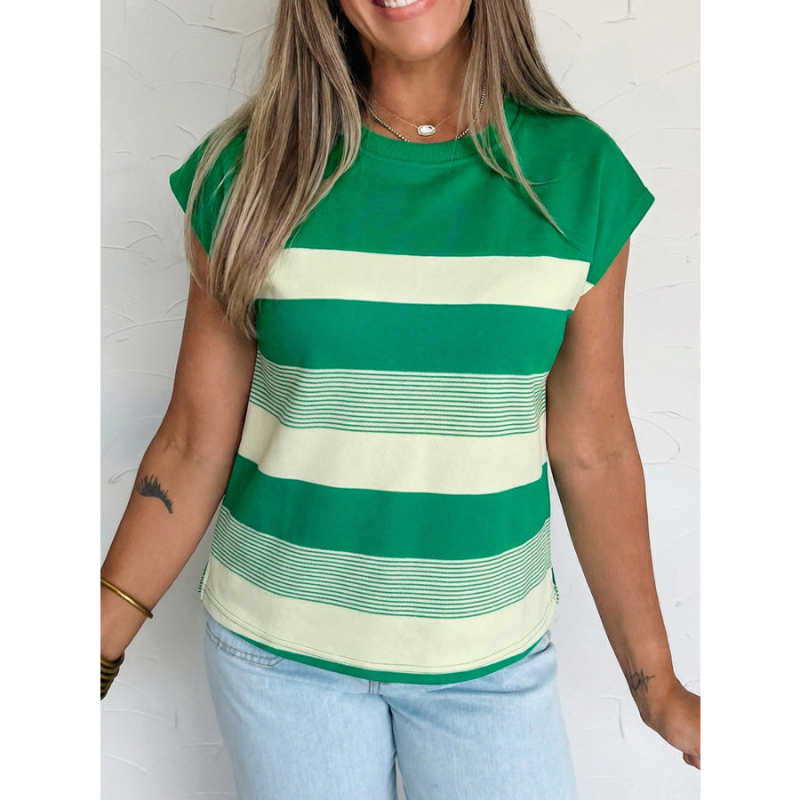 Stripe Mixed Print Crew Neck Cap Sleeve T Shirt Green / S Apparel and Accessories