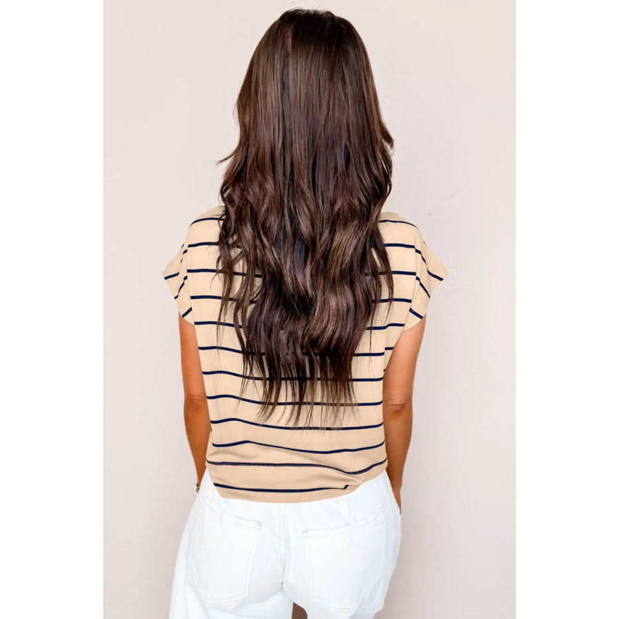 Stripe Mock Neck Short Sleeve Loose Top Apparel and Accessories