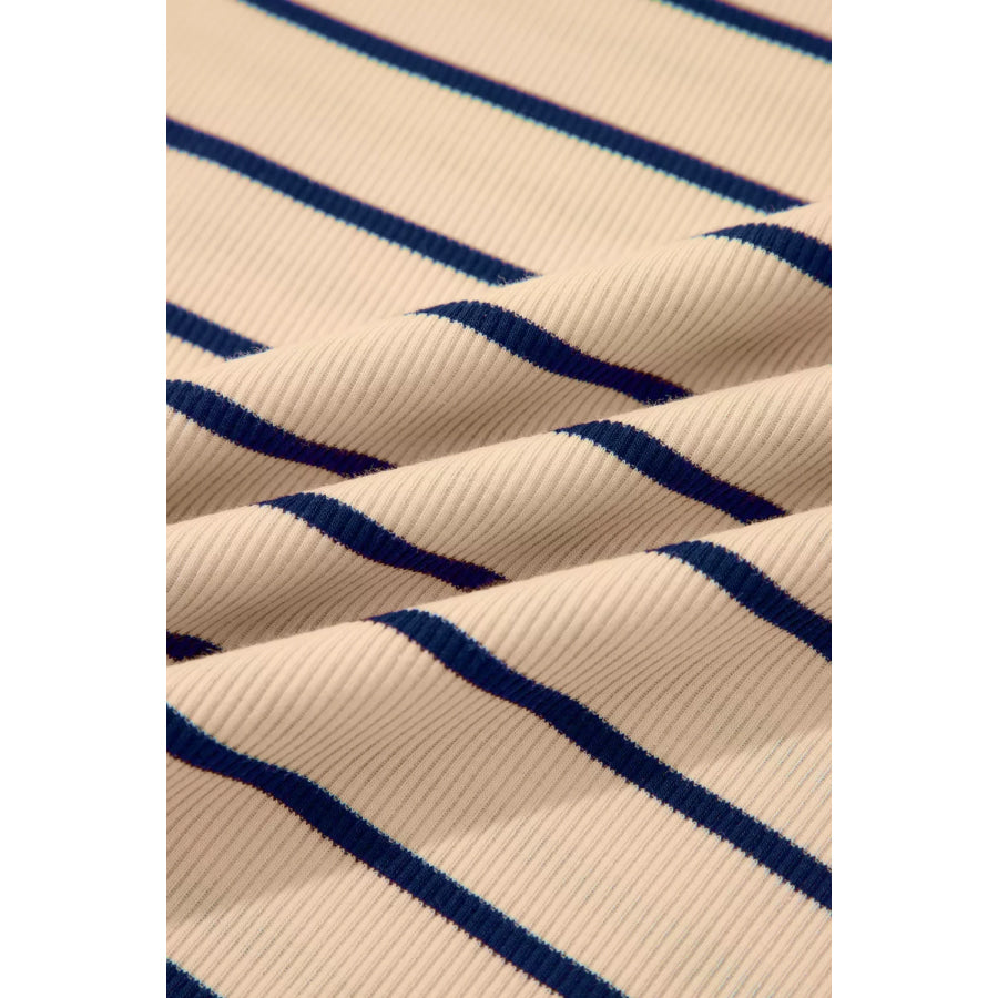 Stripe Mock Neck Short Sleeve Loose Top Apparel and Accessories