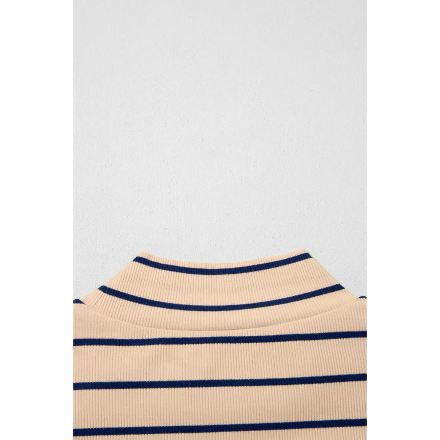 Stripe Mock Neck Short Sleeve Loose Top Apparel and Accessories